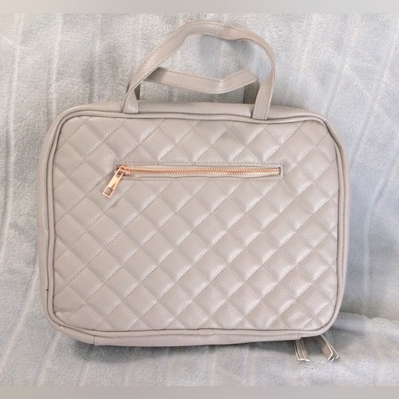 Ms Lovely Handbags - Ms Lovely Quilted PU Leather Toiletry Bag Light Gray with Rose Gold Hard…